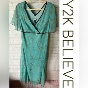 Y2K Believe Maxi Fairy Whimsical Luxury Flutter Sleeves/Hem Blue & Brown